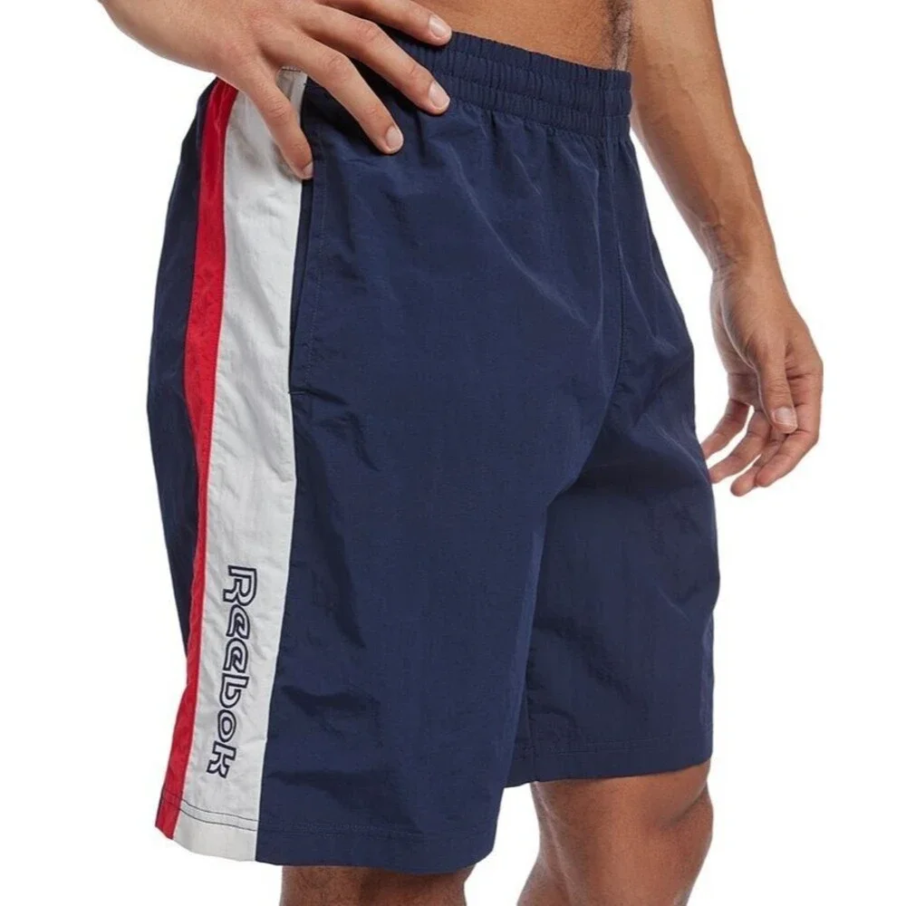 Reebok Men's Ivy League Regular-Fit Color blocked Crinkled Shorts Navy Red 2XL